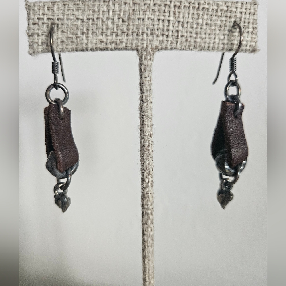 Leather & Silver Heart Drop Earrings | SZ 1.5" - Picture 8 of 8